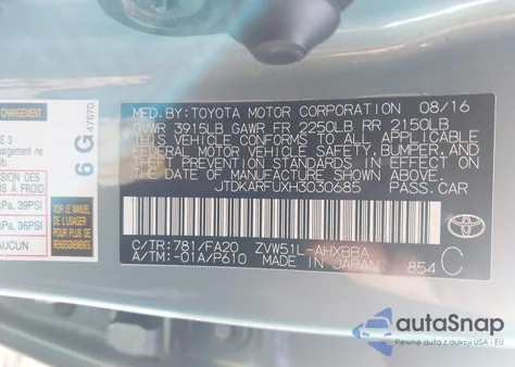 2017 Toyota Prius Two Eco z USA, uszkodzony, nr VIN JTDKARFUXH3030685